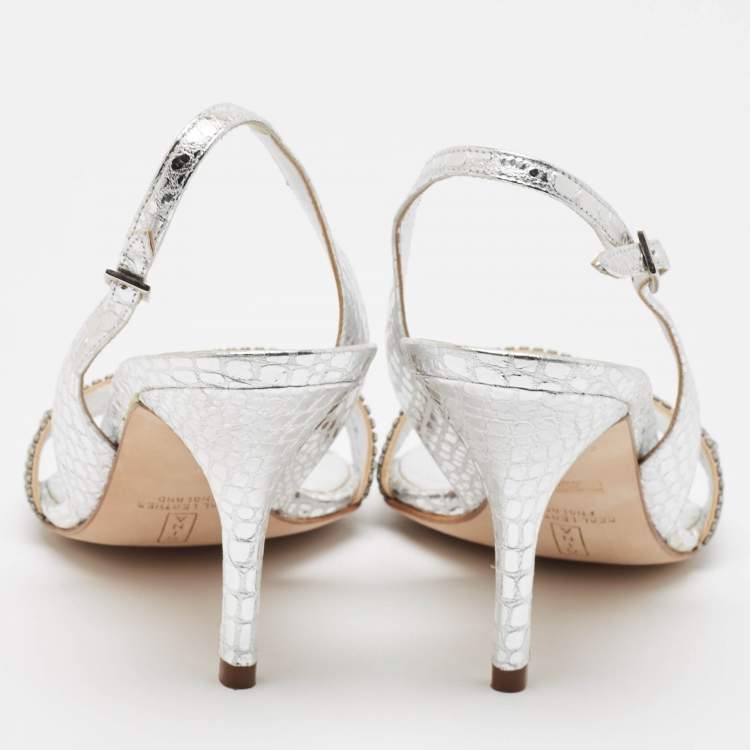 Pre Owned Gina Silver Python Embossed Leather Slingback Sandals Size 39