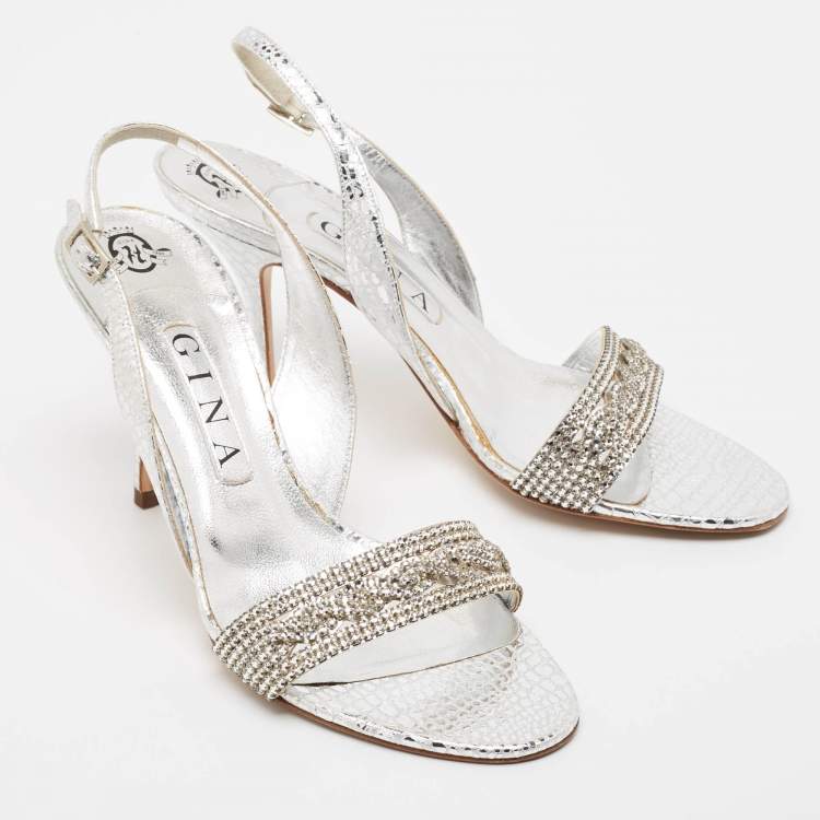 Pre Owned Gina Silver Python Embossed Leather Slingback Sandals Size 39