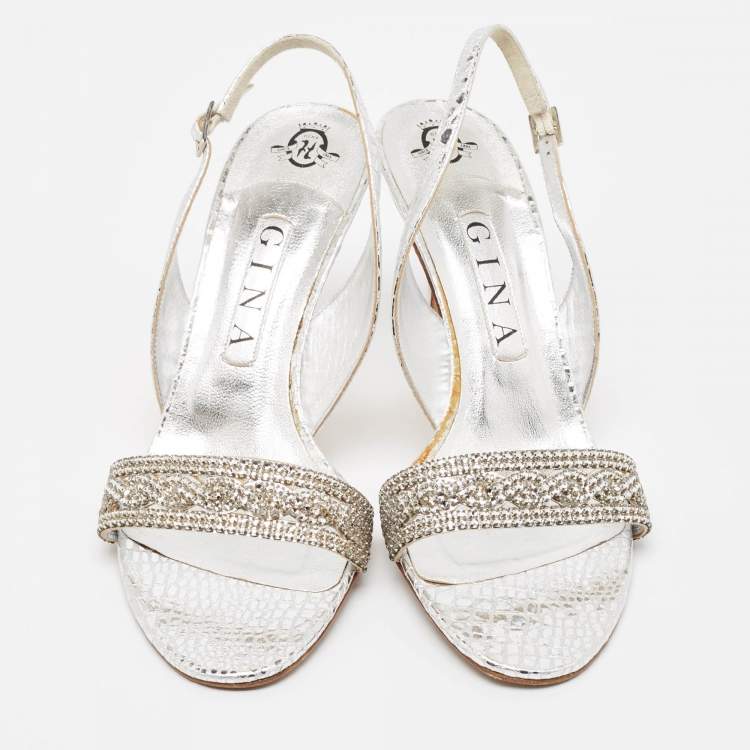 Pre Owned Gina Silver Python Embossed Leather Slingback Sandals Size 39