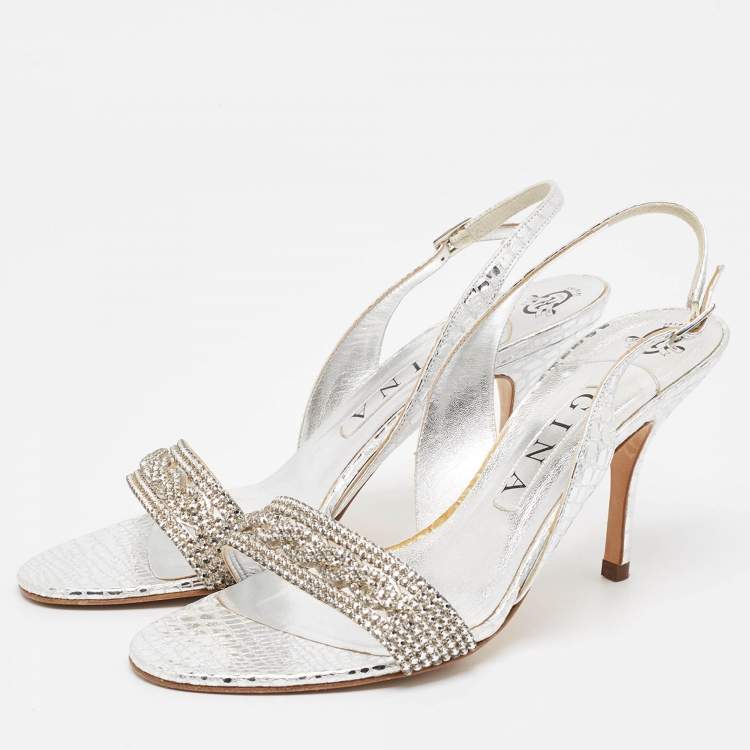Pre Owned Gina Silver Python Embossed Leather Slingback Sandals Size 39