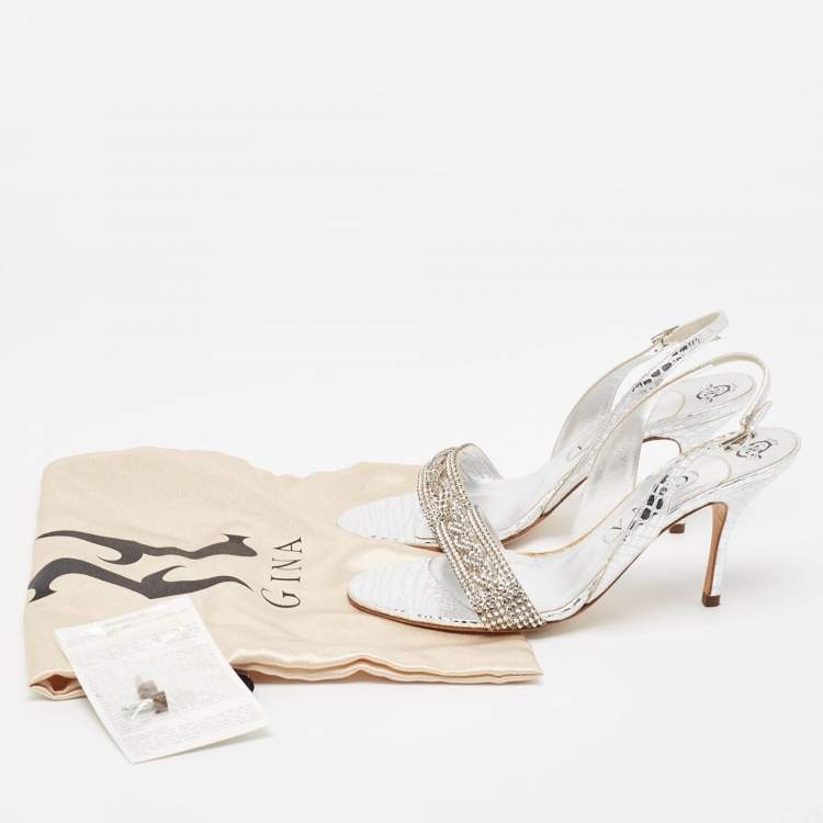 Pre Owned Gina Silver Python Embossed Leather Slingback Sandals Size 39