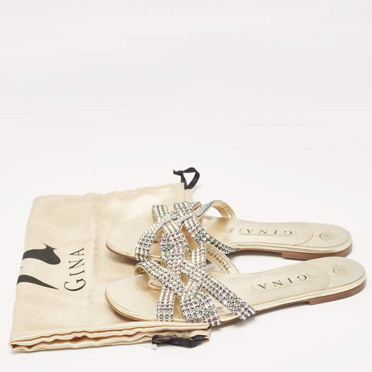 Pre Owned Gina Metallic Crystal Embellished Leather Thong Flats Size 38.5