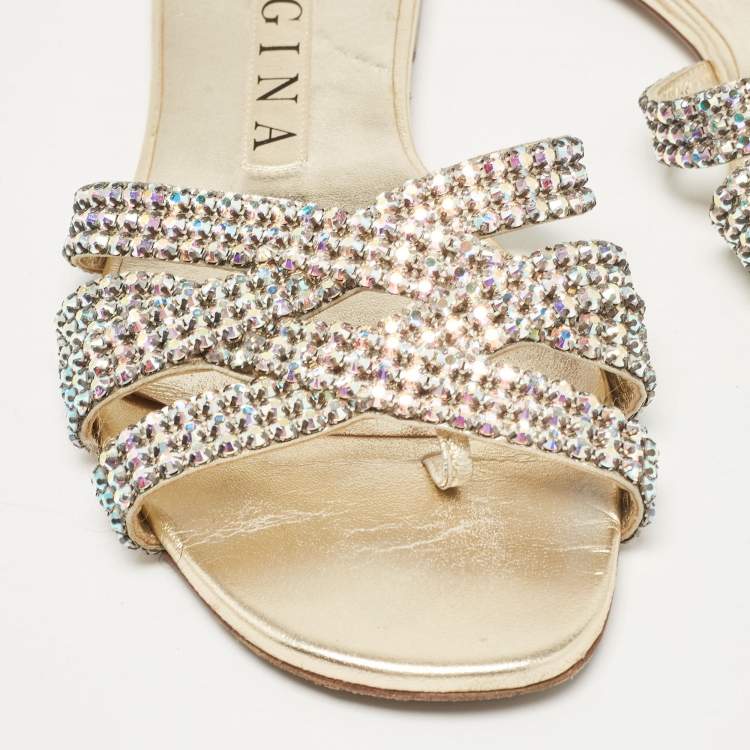 Pre Owned Gina Metallic Crystal Embellished Leather Thong Flats Size 38.5