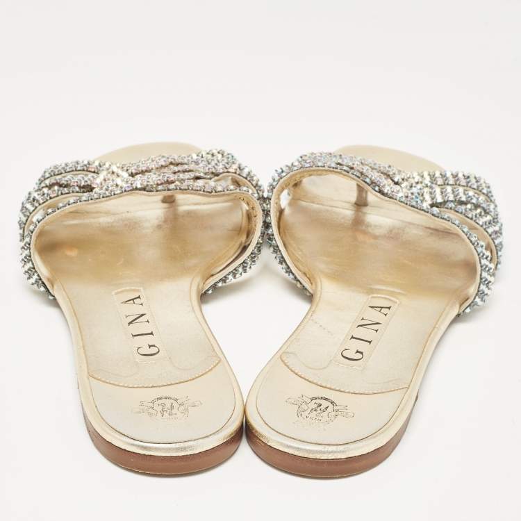 Pre Owned Gina Metallic Crystal Embellished Leather Thong Flats Size 38.5