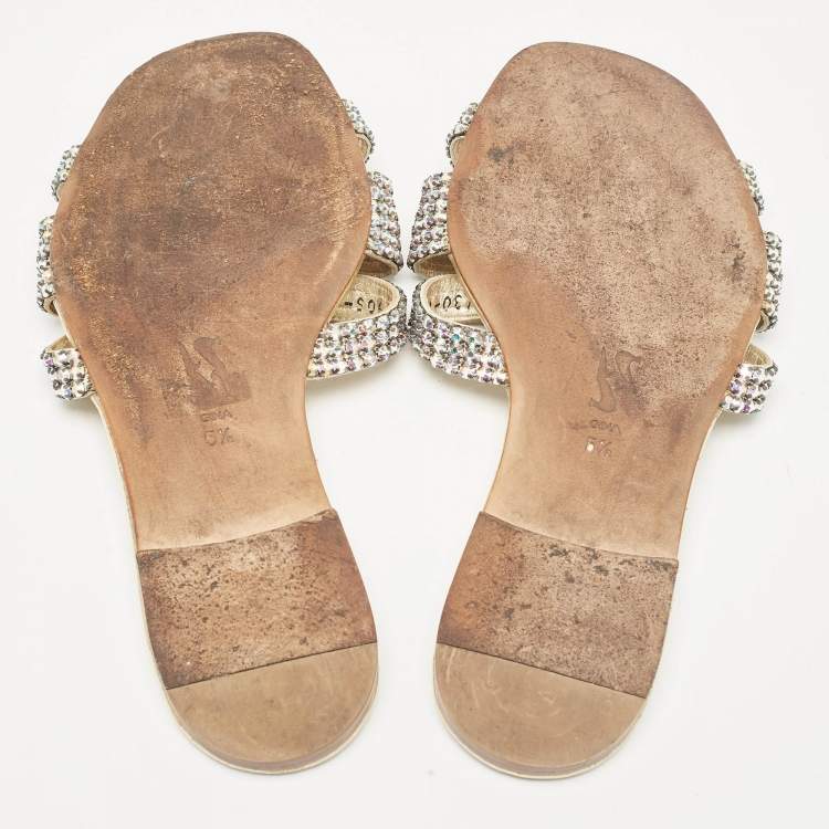 Pre Owned Gina Metallic Crystal Embellished Leather Thong Flats Size 38.5