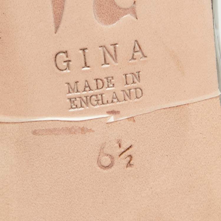 Pre Owned Gina Grey Croc Embossed Patent Leather Crystal Embellished Side Sandals Size 39.5