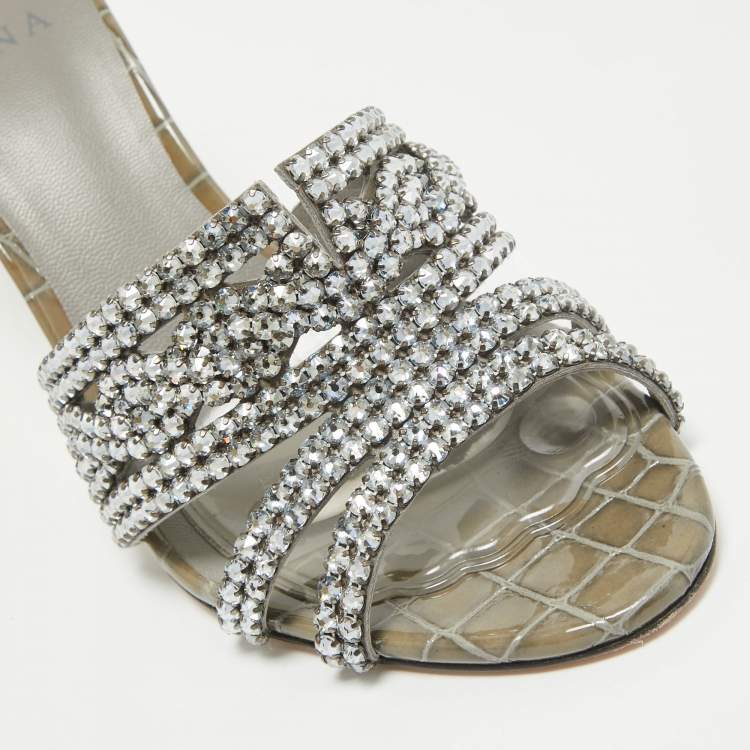 Pre Owned Gina Grey Croc Embossed Patent Leather Crystal Embellished Side Sandals Size 39.5