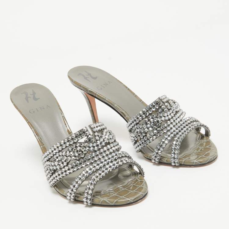 Pre Owned Gina Grey Croc Embossed Patent Leather Crystal Embellished Side Sandals Size 39.5