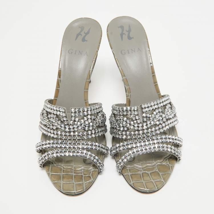 Pre Owned Gina Grey Croc Embossed Patent Leather Crystal Embellished Side Sandals Size 39.5