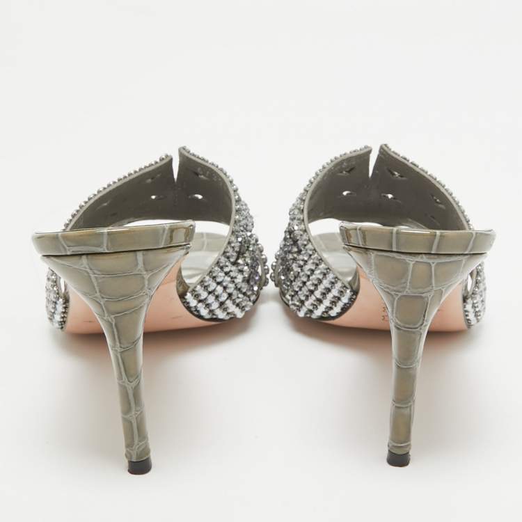 Pre Owned Gina Grey Croc Embossed Patent Leather Crystal Embellished Side Sandals Size 39.5