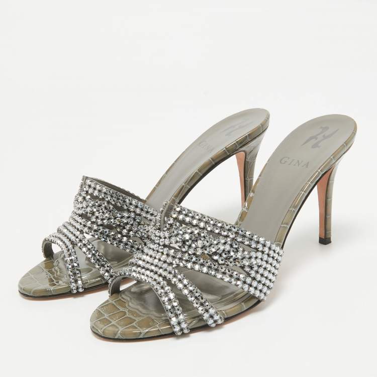 Pre Owned Gina Grey Croc Embossed Patent Leather Crystal Embellished Side Sandals Size 39.5