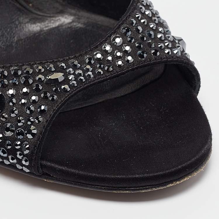 Pre Owned Gina Black Satin Crystal Embellished Peep Toe Pumps Size 37.5