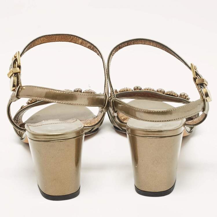 Pre Owned Gina Brown Patent Leather Crystal Embellished Ankle Strap Sandals Size 38.5