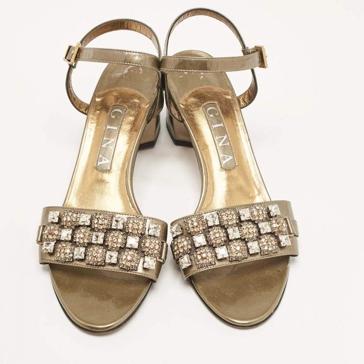 Pre Owned Gina Brown Patent Leather Crystal Embellished Ankle Strap Sandals Size 38.5