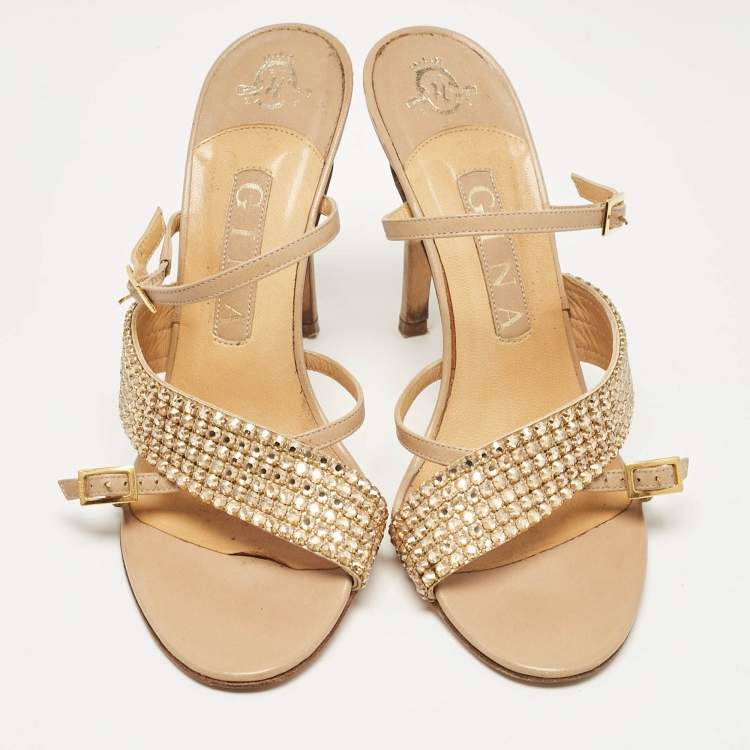 Pre Owned Gina Beige Leather Crystal Embellished Ankle Strap Sandals Size 38.5
