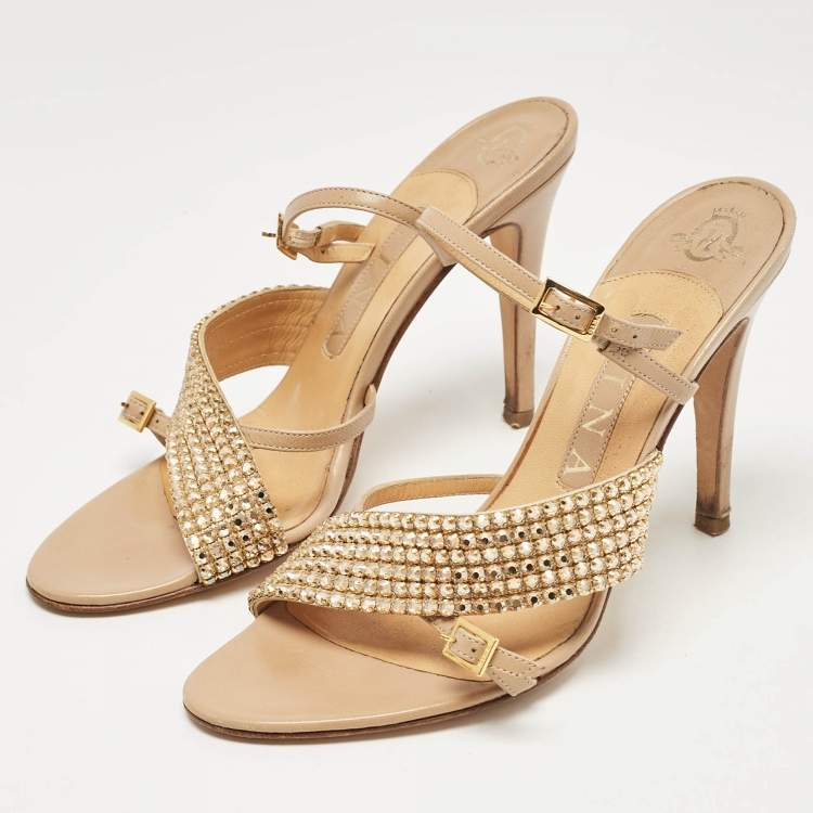 Pre Owned Gina Beige Leather Crystal Embellished Ankle Strap Sandals Size 38.5