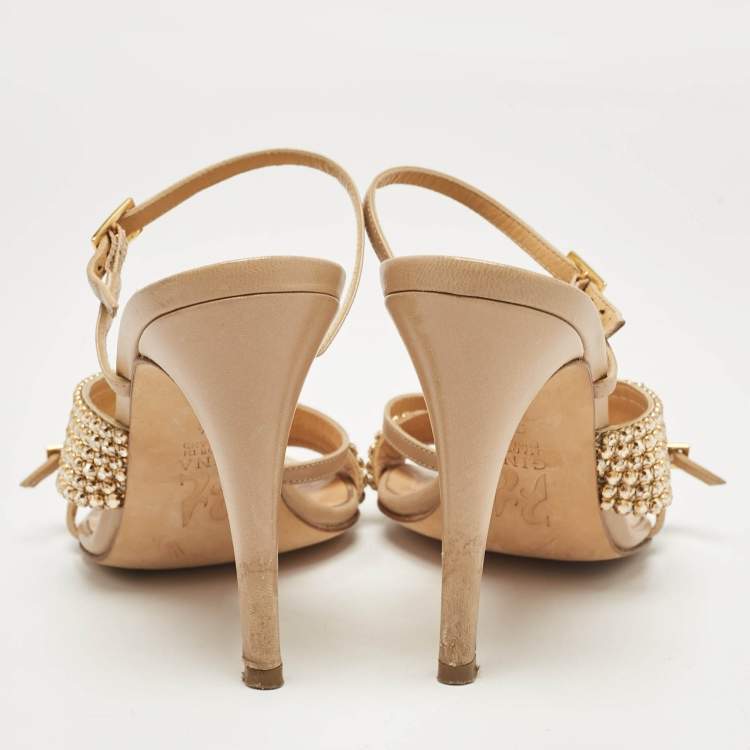 Pre Owned Gina Beige Leather Crystal Embellished Ankle Strap Sandals Size 38.5