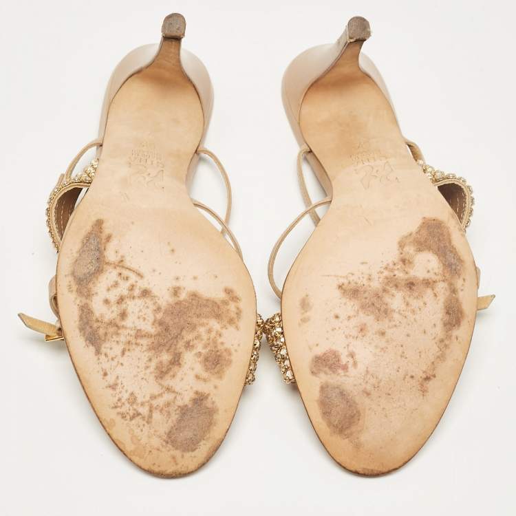 Pre Owned Gina Beige Leather Crystal Embellished Ankle Strap Sandals Size 38.5