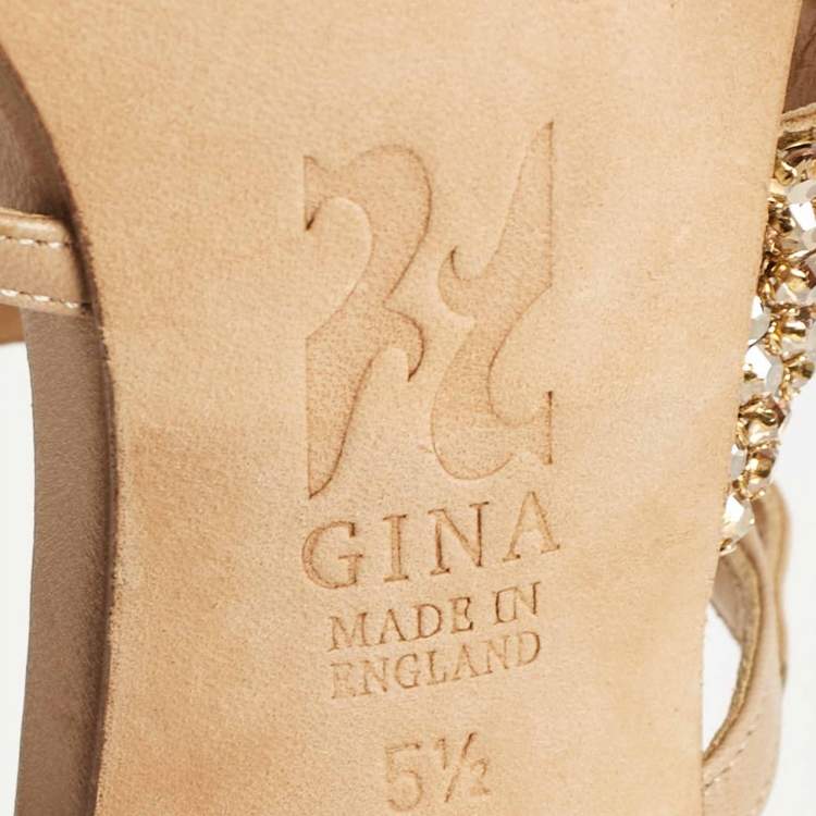 Pre Owned Gina Beige Leather Crystal Embellished Ankle Strap Sandals Size 38.5