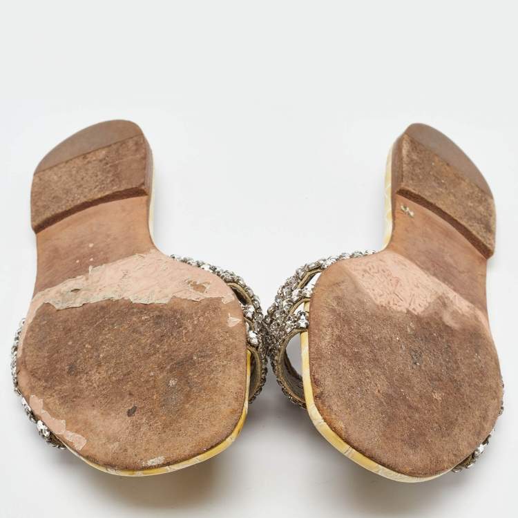 Pre Owned Gina Yellow/Grey Croc Embossed Crystal Embellished Leather Flat Slides Size 38