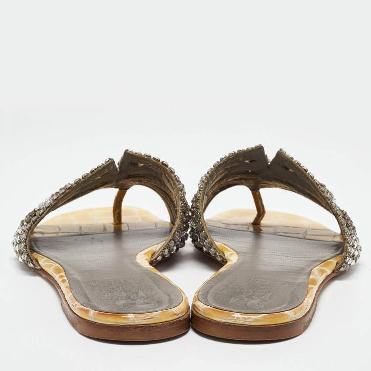 Pre Owned Gina Yellow/Grey Croc Embossed Crystal Embellished Leather Flat Slides Size 38