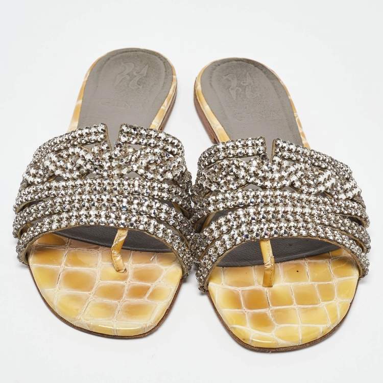 Pre Owned Gina Yellow/Grey Croc Embossed Crystal Embellished Leather Flat Slides Size 38
