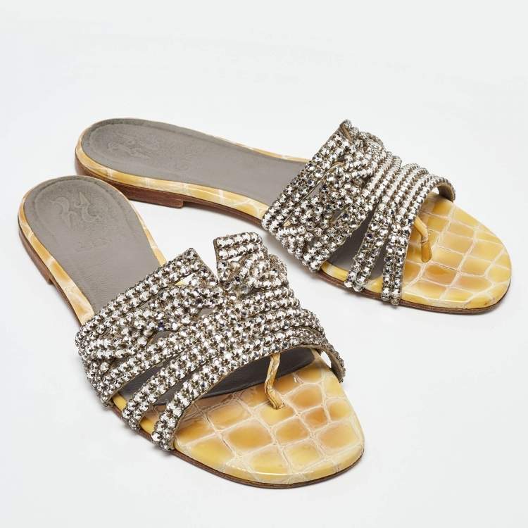 Pre Owned Gina Yellow/Grey Croc Embossed Crystal Embellished Leather Flat Slides Size 38