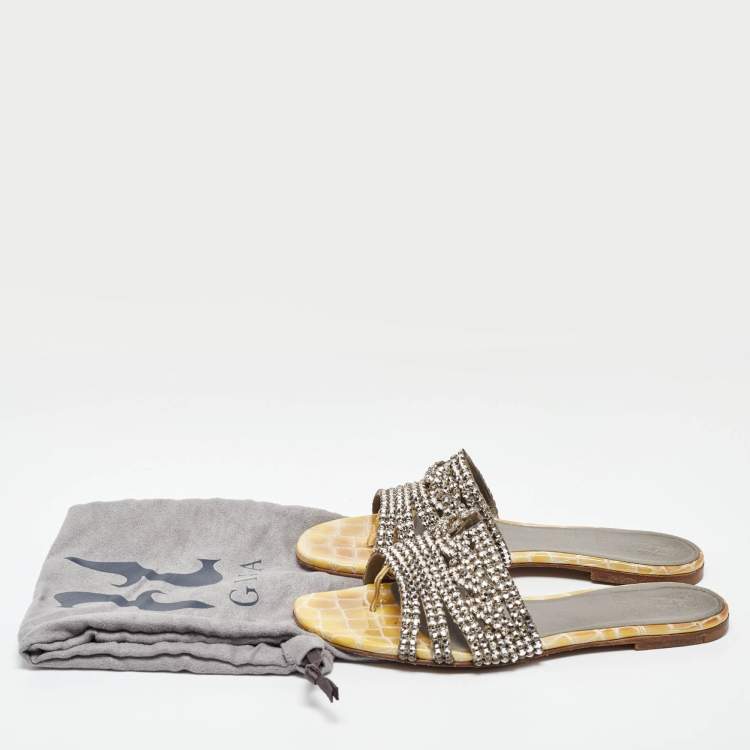 Pre Owned Gina Yellow/Grey Croc Embossed Crystal Embellished Leather Flat Slides Size 38