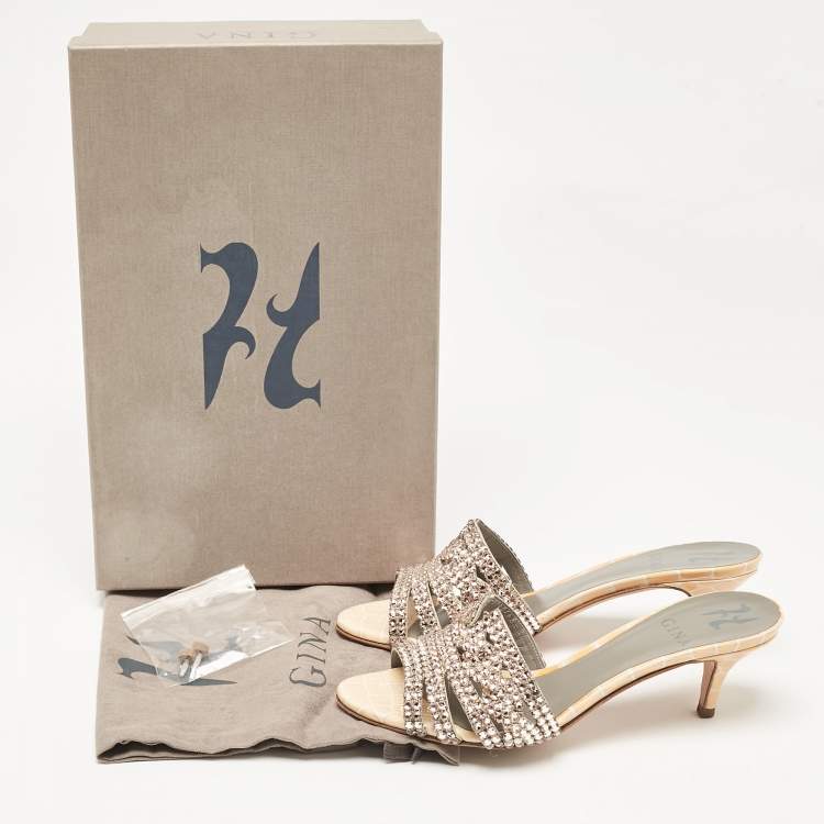 مملوكة مسبقًا Gina Orange Croc Embossed Patent and Leather Crystal Embellished Slide Sandals Size 36.5