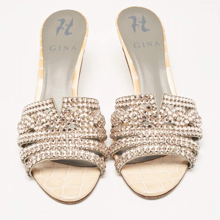 مملوكة مسبقًا Gina Orange Croc Embossed Patent and Leather Crystal Embellished Slide Sandals Size 36.5