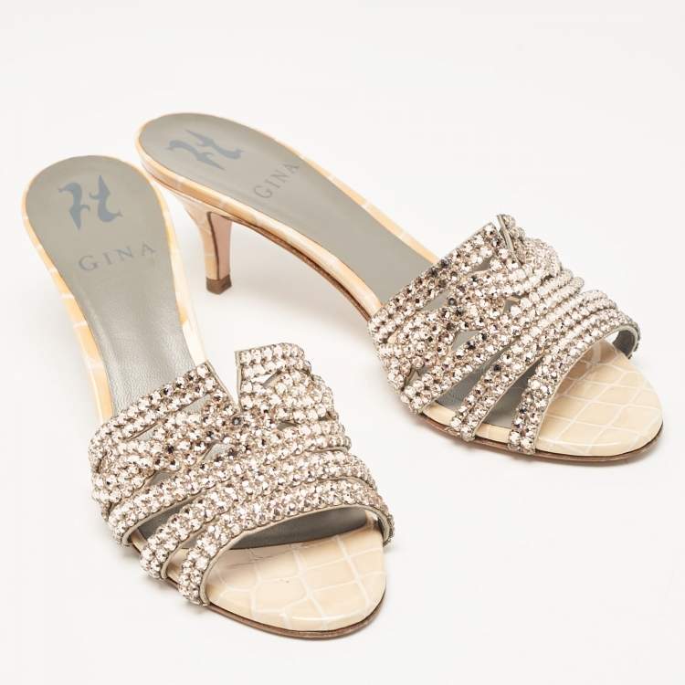 مملوكة مسبقًا Gina Orange Croc Embossed Patent and Leather Crystal Embellished Slide Sandals Size 36.5