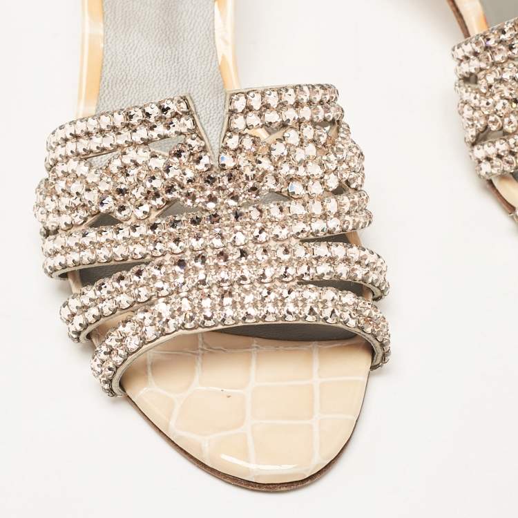 مملوكة مسبقًا Gina Orange Croc Embossed Patent and Leather Crystal Embellished Slide Sandals Size 36.5