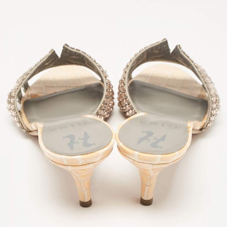 مملوكة مسبقًا Gina Orange Croc Embossed Patent and Leather Crystal Embellished Slide Sandals Size 36.5