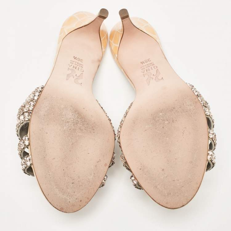 مملوكة مسبقًا Gina Orange Croc Embossed Patent and Leather Crystal Embellished Slide Sandals Size 36.5