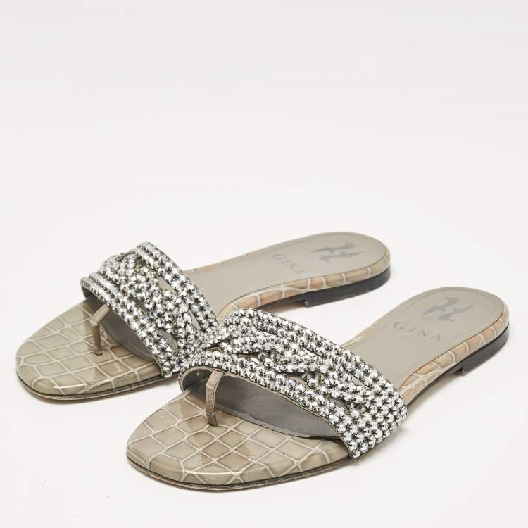 Pre Owned Gina Grey Croc Embossed Patent and Leather Crystal Embellished Flat Slides Size 36