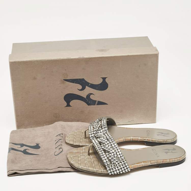 Pre Owned Gina Grey Croc Embossed Patent and Leather Crystal Embellished Flat Slides Size 36