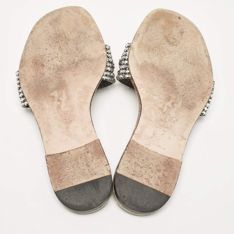 Pre Owned Gina Grey Croc Embossed Patent and Leather Crystal Embellished Flat Slides Size 36