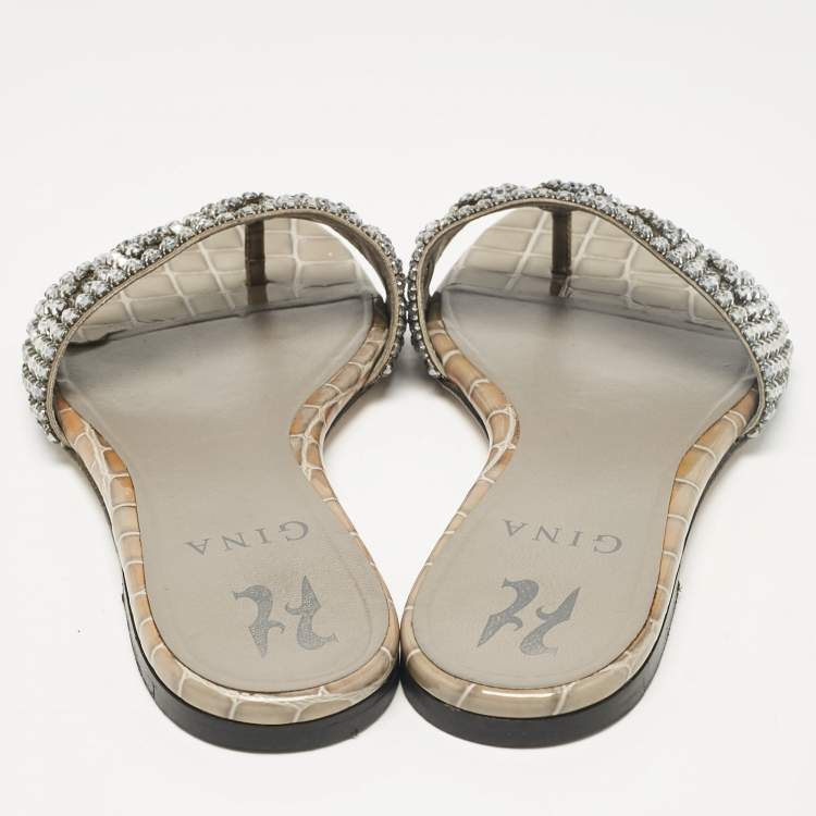 Pre Owned Gina Grey Croc Embossed Patent and Leather Crystal Embellished Flat Slides Size 36