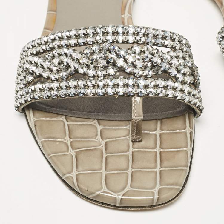Pre Owned Gina Grey Croc Embossed Patent and Leather Crystal Embellished Flat Slides Size 36
