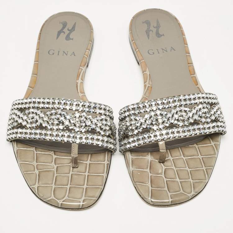 Pre Owned Gina Grey Croc Embossed Patent and Leather Crystal Embellished Flat Slides Size 36