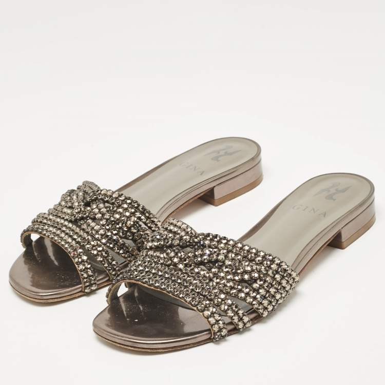 Pre Owned Gina Metallic Bronze Leather Crystal Embellished Flat Slides Size 37.5
