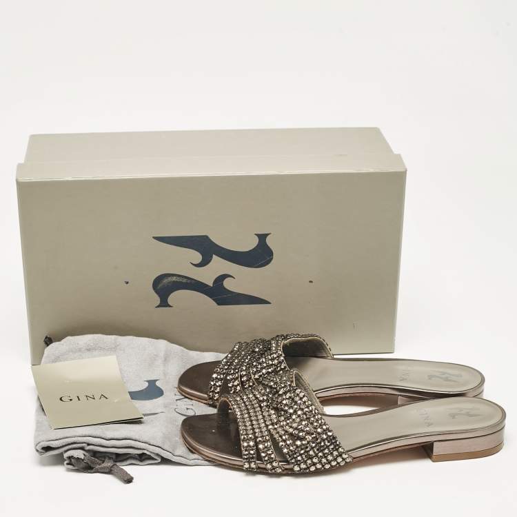 Pre Owned Gina Metallic Bronze Leather Crystal Embellished Flat Slides Size 37.5