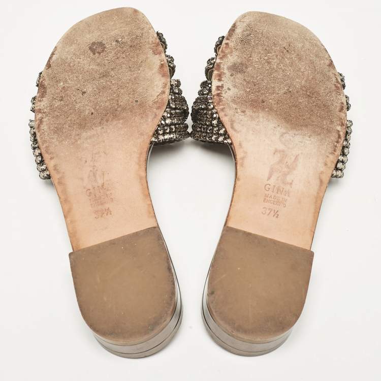 Pre Owned Gina Metallic Bronze Leather Crystal Embellished Flat Slides Size 37.5