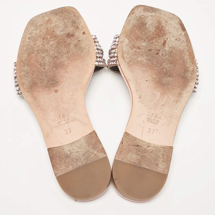 مملوكة مسبقًا Gina Pink Crystal Embellished Leather Flat Slides Size 37