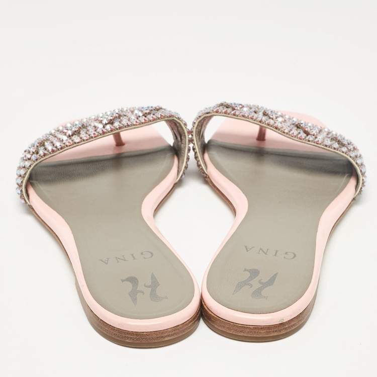 مملوكة مسبقًا Gina Pink Crystal Embellished Leather Flat Slides Size 37