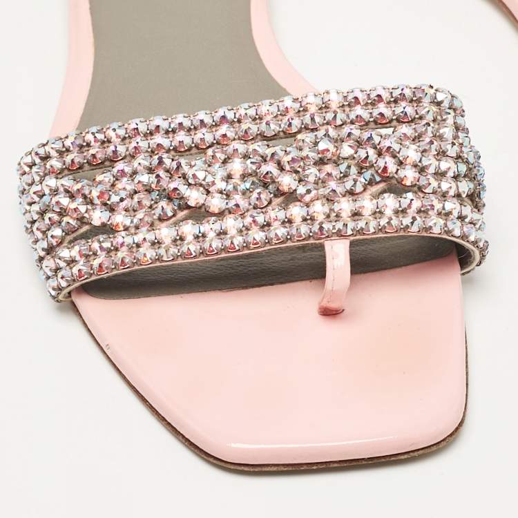 مملوكة مسبقًا Gina Pink Crystal Embellished Leather Flat Slides Size 37