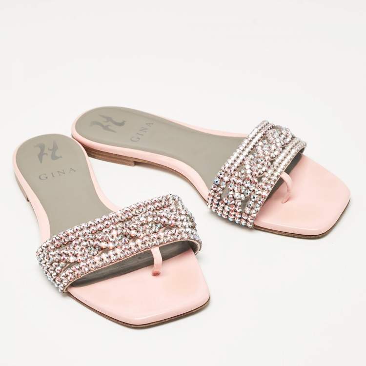 مملوكة مسبقًا Gina Pink Crystal Embellished Leather Flat Slides Size 37