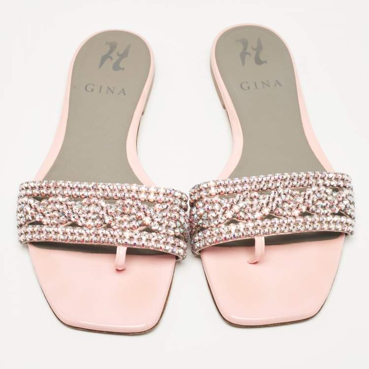 مملوكة مسبقًا Gina Pink Crystal Embellished Leather Flat Slides Size 37
