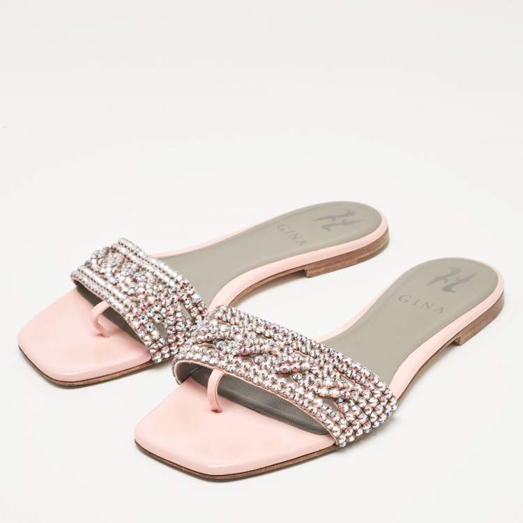 مملوكة مسبقًا Gina Pink Crystal Embellished Leather Flat Slides Size 37