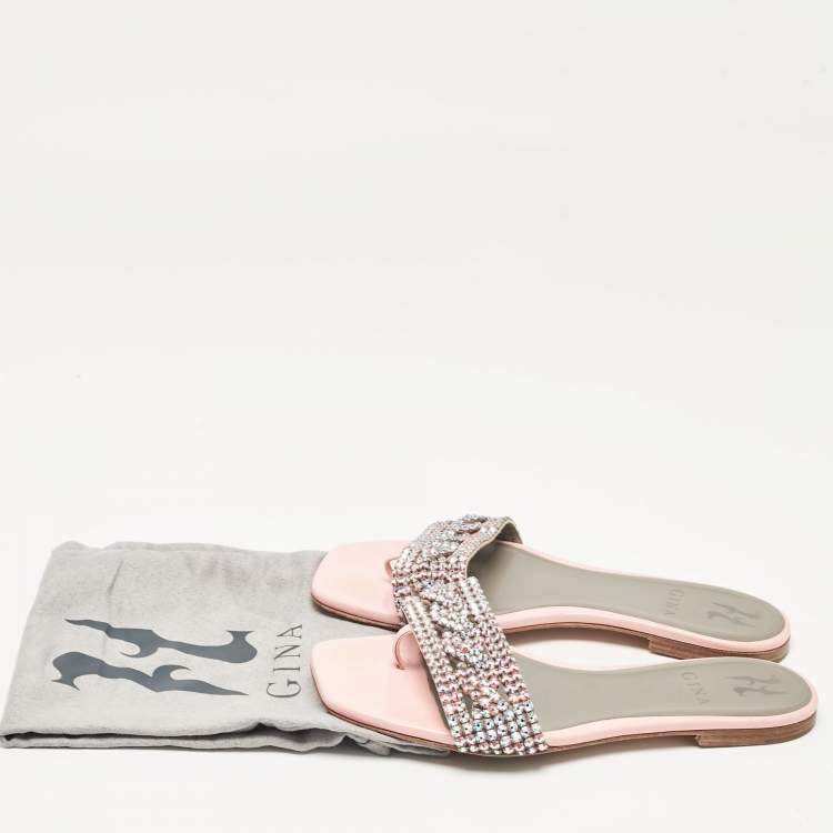 مملوكة مسبقًا Gina Pink Crystal Embellished Leather Flat Slides Size 37